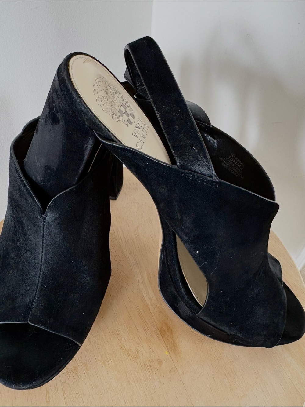 Vince Camuto Black Suede Peep-Toe Slingback Heels